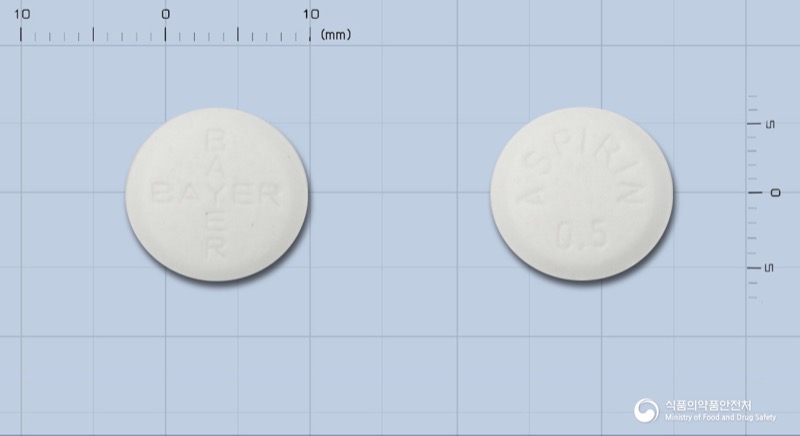 바이엘아스피린정500밀리그람, the Aspirin (Acetylsalicylic acid) product sold in Korea, official MFDS photo